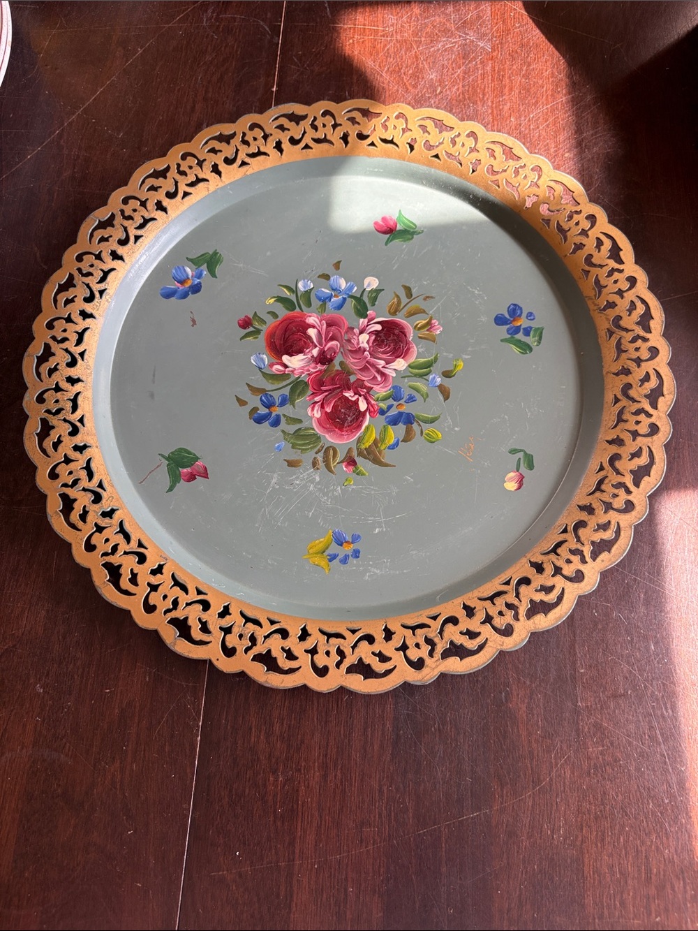 Vintage Nashco Tole Tray Green with Hand Painted Flowers